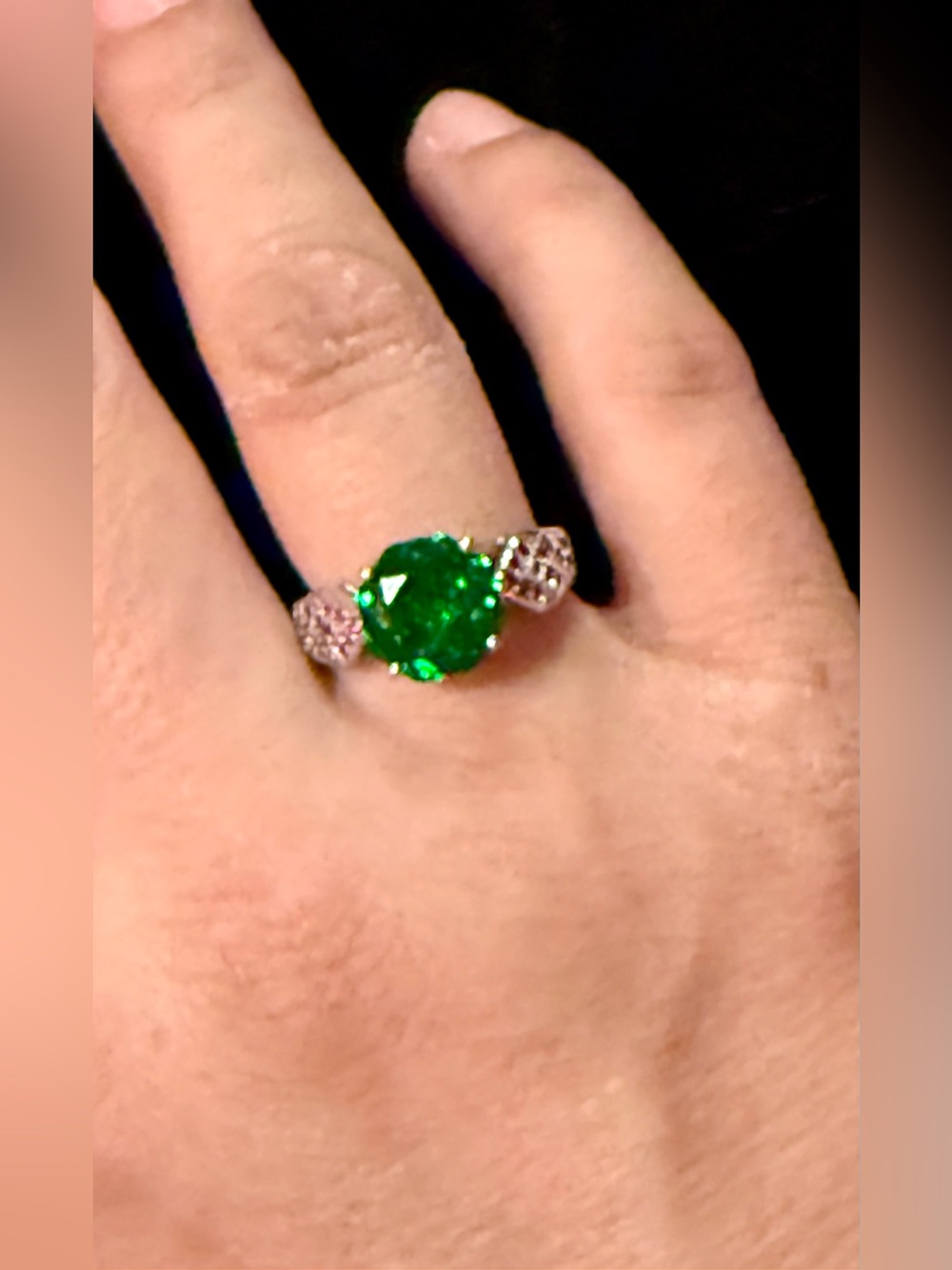 Green Crystal Floral Ring with Pink Accent Stones